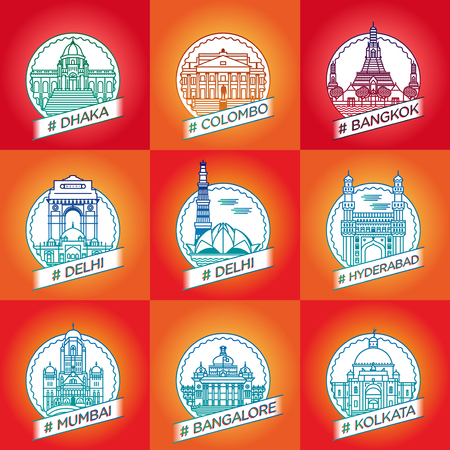 vector line dhaka, colombo, bangkok, delhi, hyderabad, hyderabad, bangalore, kalkata, badge setのイラスト素材