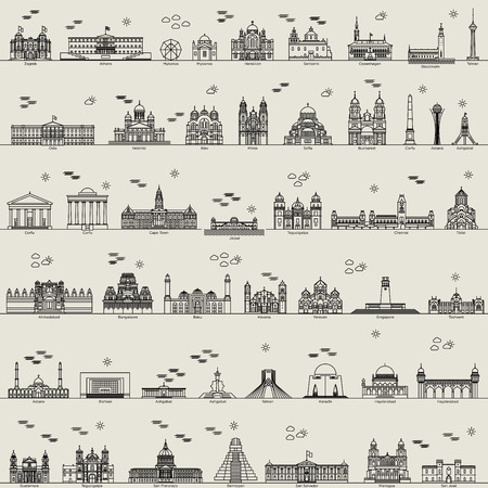 vector line world city illustration sign building set collectionのイラスト素材