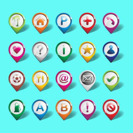 Colorful Map Pointers Icon Set Isolated on Blue Background.のイラスト素材