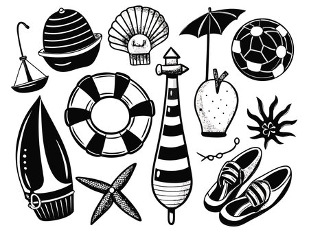 Vector set of hand drawn doodle beach objects. Vector illustration.のイラスト素材