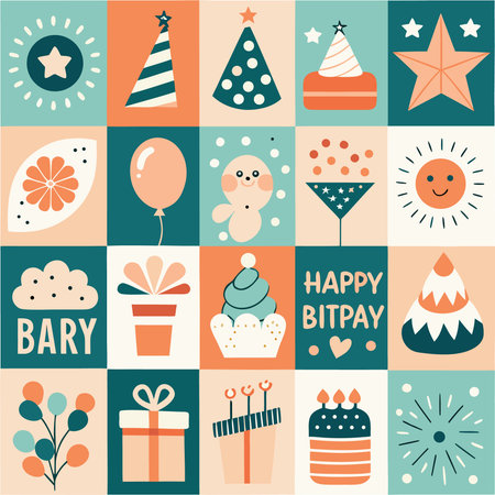 Happy birthday card with cute elements. Vector illustration in flat style.のイラスト素材