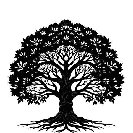 Silhouette of an old tree with roots and leaves. Vector illustration.のイラスト素材