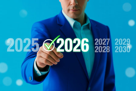 business, technology, internet and networking concept - close up of businessman with green check mark over blue backgroundの素材