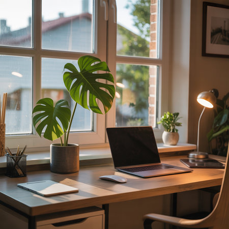 Laptop on the desk in the office. Work from home conceptの素材