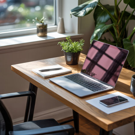 Modern workplace with laptop computer, coffee cup, notebook and plant on wooden tableの素材