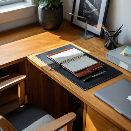 Office desk with notepad, laptop and stationery on wooden tableの素材