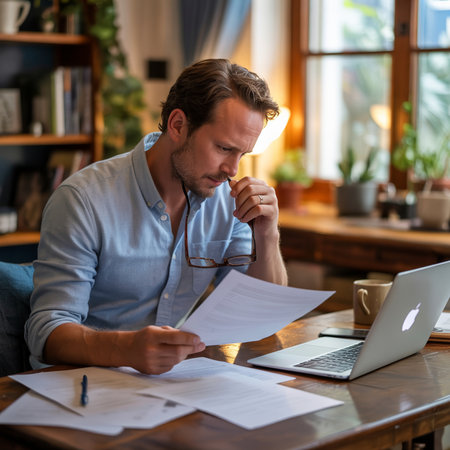 Handsome young man working at home with laptop and documents in his hands.の素材