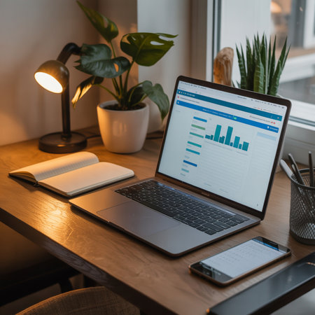 Laptop and notebook on a wooden table in the home office.の素材