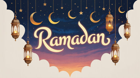 Ramadan Kareem greeting card with crescent moon and lanternsの素材