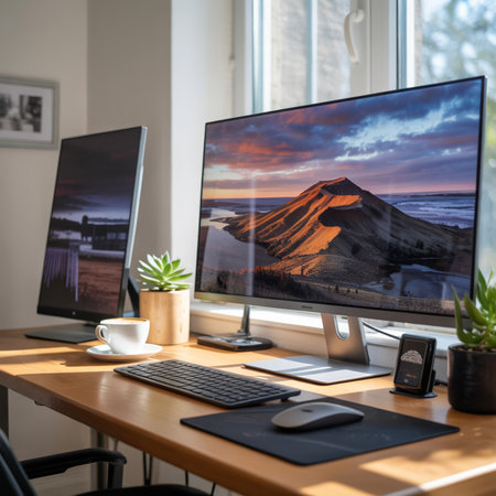 Computer and mouse on table in front of a window with mountain viewの素材
