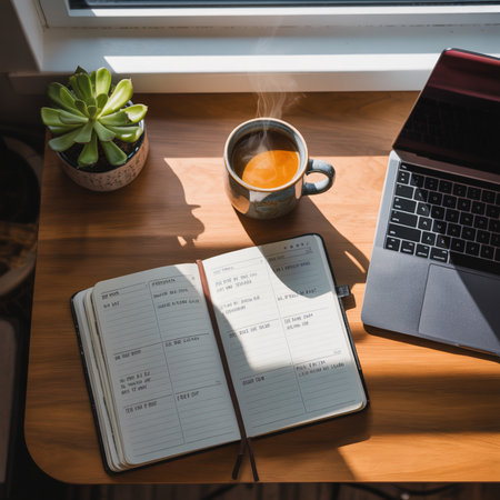 Coffee cup with notebook and laptop on wooden table in morningの素材