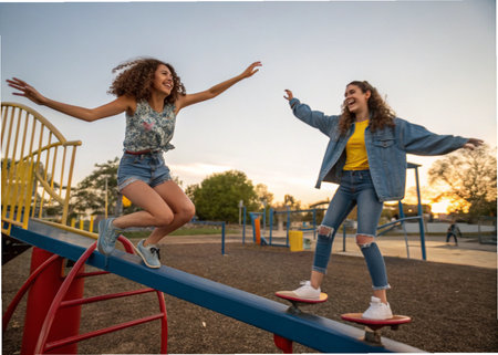 Two young women having fun while jumping on a playground in the eveningの素材