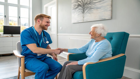 Nurse assisting senior woman in sitting in armchair at nursing homeの素材
