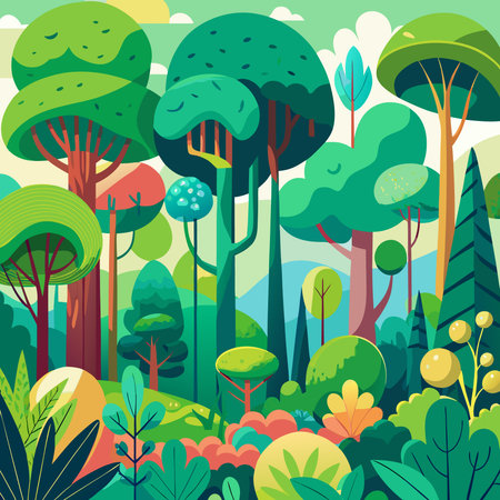 Forest landscape vector illustration. Cartoon trees and bushes in flat style.のイラスト素材