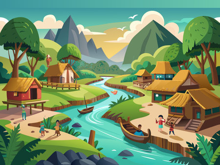 Fisherman village flat vector illustration. Cartoon village with wooden houses, river, forest and mountains.のイラスト素材