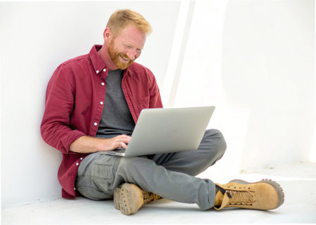Handsome redhead man sitting on the ground and using laptopの素材