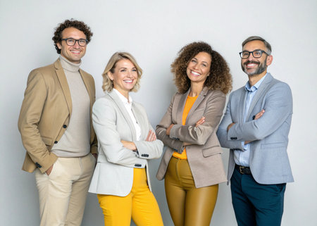 Portrait of happy business people standing with arms crossed against grey backgroundの素材