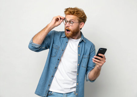 Surprised redhead man in eyeglasses holding mobile phoneの素材