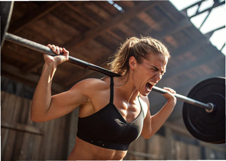 Athletic woman lifting a barbell in a crossfit gymの素材