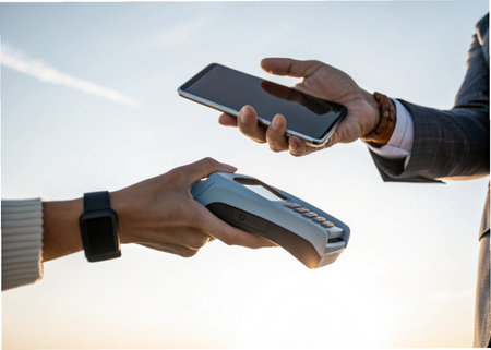 Credit card reader and mobile phone in the hands of a businessman.の素材