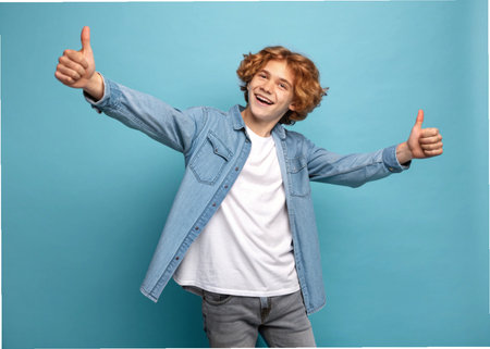 Cheerful young man showing thumbs up gesture on a blue backgroundの素材