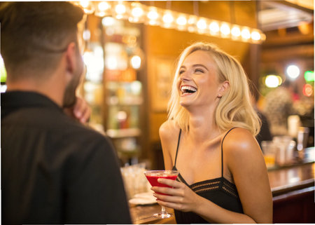 Couple in love drinking cocktails in a bar. Focus on womanの素材