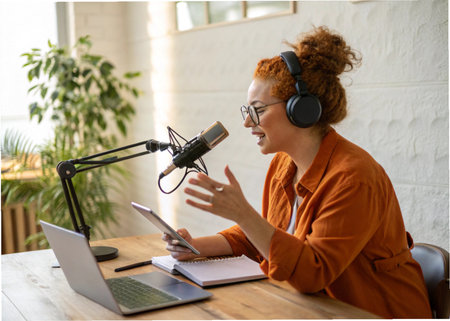 Young red-haired female blogger with headphones and microphone is recording a podcast.の素材