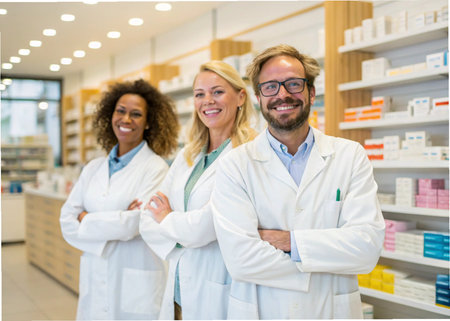 Portrait of smiling pharmacists standing with arms crossed in drugstoreの素材