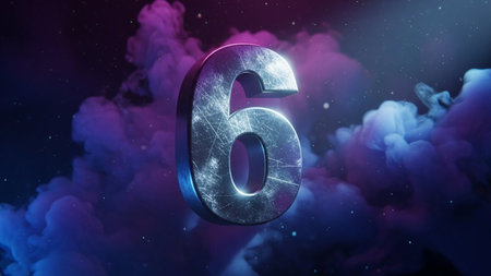 Number 6 in outer space. 3D illustration. Abstract background.の素材