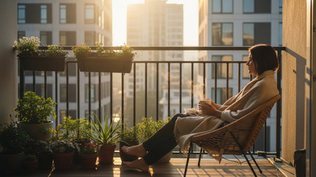 Beautiful young woman sitting on balcony and drinking coffee in morning sunlightの素材