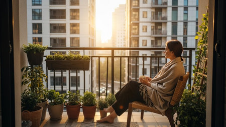 Woman sitting on balcony with cup of coffee and looking at sunset.の素材