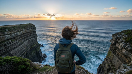 A woman with a backpack looking at the sunset on the cliffs of Etretatの素材
