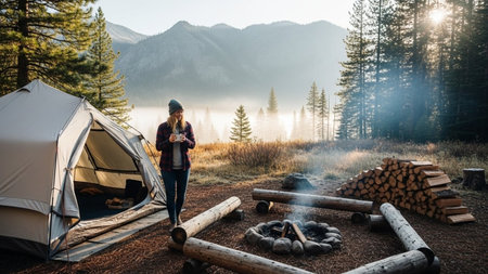 Camping in the mountains. A young woman with a cup of coffee is standing near the tent.の素材