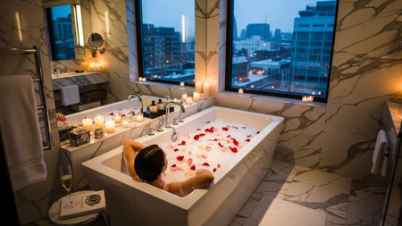 Woman relaxing in bathtub with rose petals and candles at homeの素材