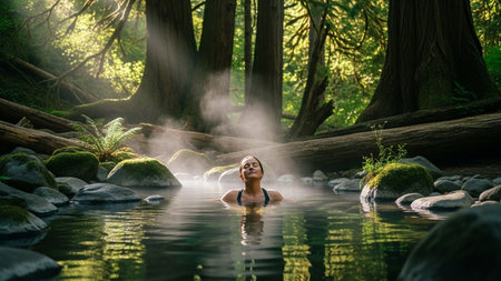 Beautiful young woman relaxing in hot tub in a green forest.の素材