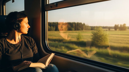 Young woman listening to music on headphones and reading a book while traveling by trainの素材