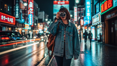 young beautiful hipster woman in the city at night in Tokyo, Japanの素材