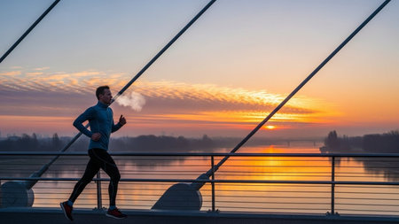 Young man in sportswear smoking electronic cigarette while running on the bridge at sunrise.の素材