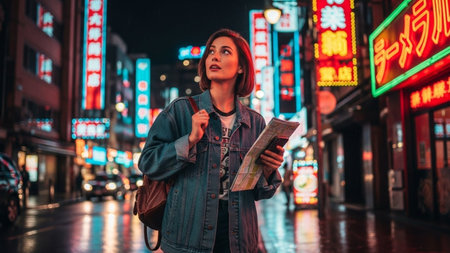 young beautiful hipster woman traveling and exploring the city at night in Chinaの素材