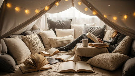 Young woman reading book in teepee tent at home, closeupの素材