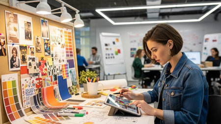 Creative businesswoman using tablet computer at modern startup office. This is a 3d render illustrationの素材