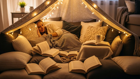 Beautiful young woman reading book while lying on sofa in cozy roomの素材