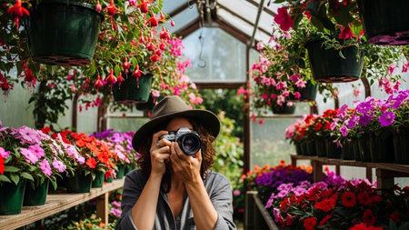 Portrait of a young woman taking photos of flowers in a greenhouseの素材