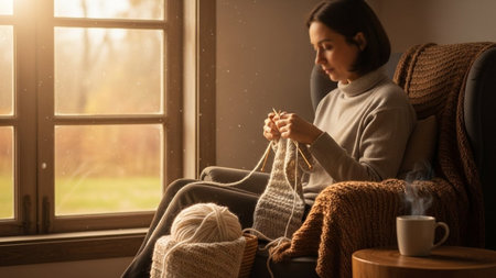 Young woman knitting sweater at home, space for text. Winter seasonの素材