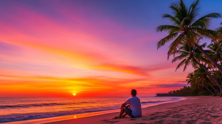 Man sitting on the beach and watching sunset in Phuket, Thailandの素材