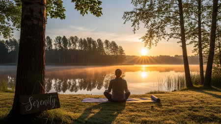 Woman meditating in lotus position on yoga mat near the lake at sunriseの素材