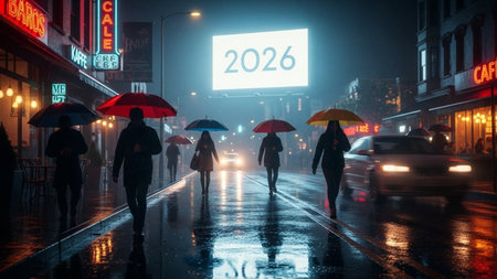 People walking on a rainy night in Bangkok, Thailand.の素材