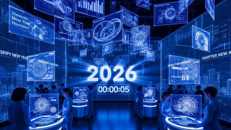 Business people in front of a big screen showing the new year 2020の素材