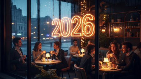New Year 2020. Group of young businesspeople sitting in a restaurant and drinking coffee.の素材