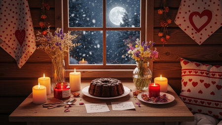 Chocolate cake with candles on the background of the night sky.の素材